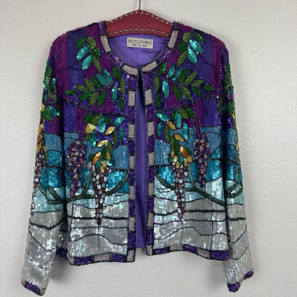 Vintage Past Times Silk Wisteria Sequin Jacket Tiffany Stained Glass Multi Small - Picture 1 of 16